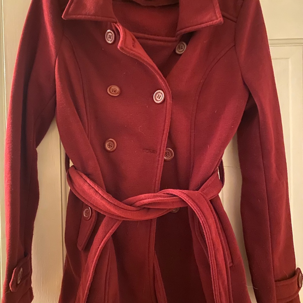 Ambiance Women's Double-Breasted Burgundy Trench Coat